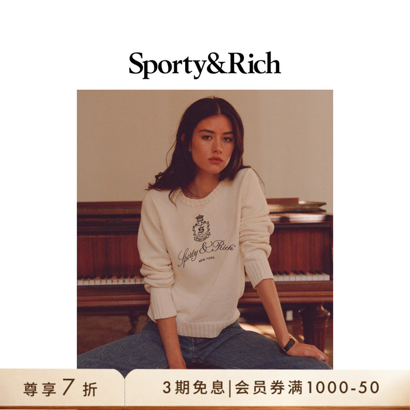 [30% off Gift] Sporty&Rich Women's College Style American Casual Round Neck Embroidered Sweater