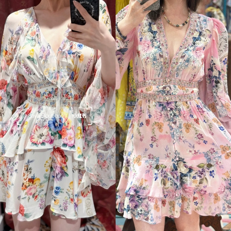 Australian Camilla Dress Pink and White Printed Holiday Diamond-Embellished Fairy Dress Refreshing Short Skirt Australian Camilla Dress Pink and White Printed Holiday Diamond-Embellished Fairy Dress Refreshing Short Skirt