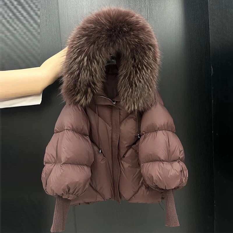European Style 2026 Winter New Model Raccoon Fur Collar Hooded down Jacket for Women, Mid-Length, Thickened, Warm, with Knitted Sleeves European Style 2026 Winter New Model Raccoon Fur Collar Hooded down Jacket for Women, Mid-Length, Thickened, Warm, with Knitted Sleeves
