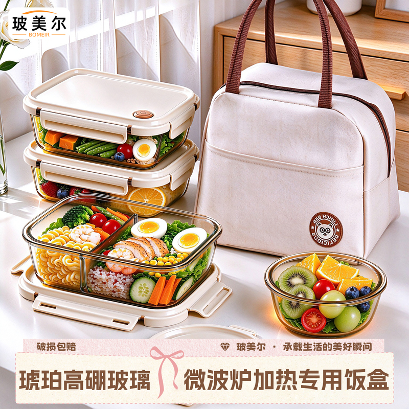 Bomeier Glass Lunch Box, Microwave-Safe, Special for Office Workers, Lunch Box with Compartments, Sealed Fresh-Keeping Bowl
