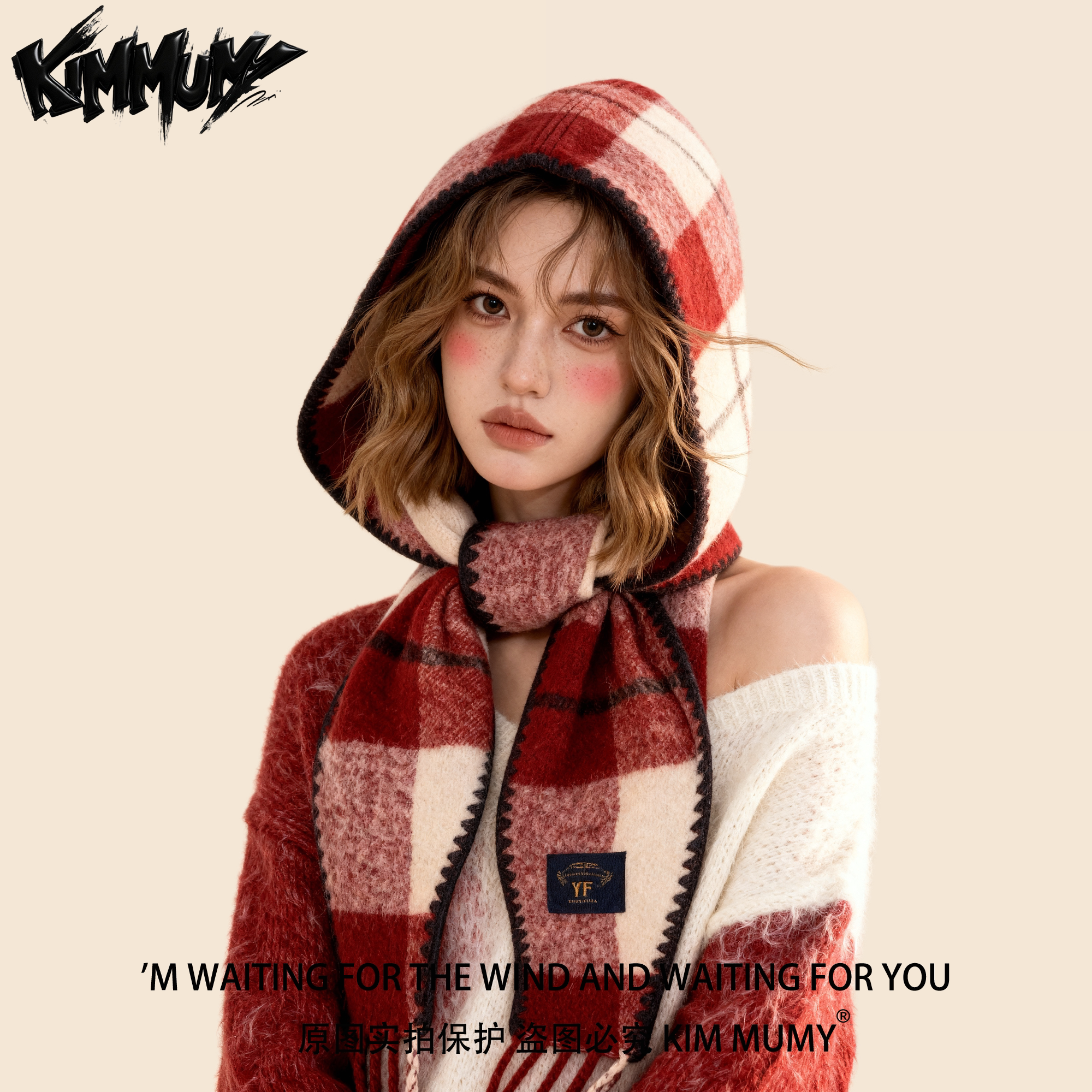 KimMumy Retro Plaid Faux Cashmere Hat and Scarf Two-Piece Set for Women, Winter Lafay Hat, Warm Hooded Neck Warmer