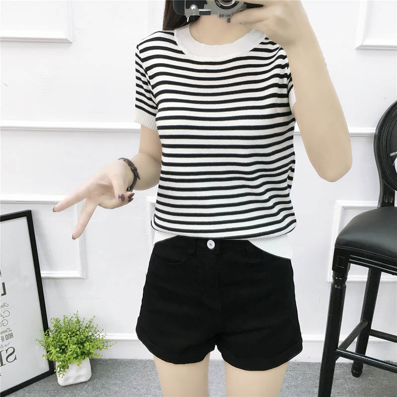 Đặc biệt hàng ngày áo len sọc mới mùa xuân và mùa hè nữ ngắn phần Slim mỏng nửa tay nửa dưới áo len cao cổ áo len mỏng