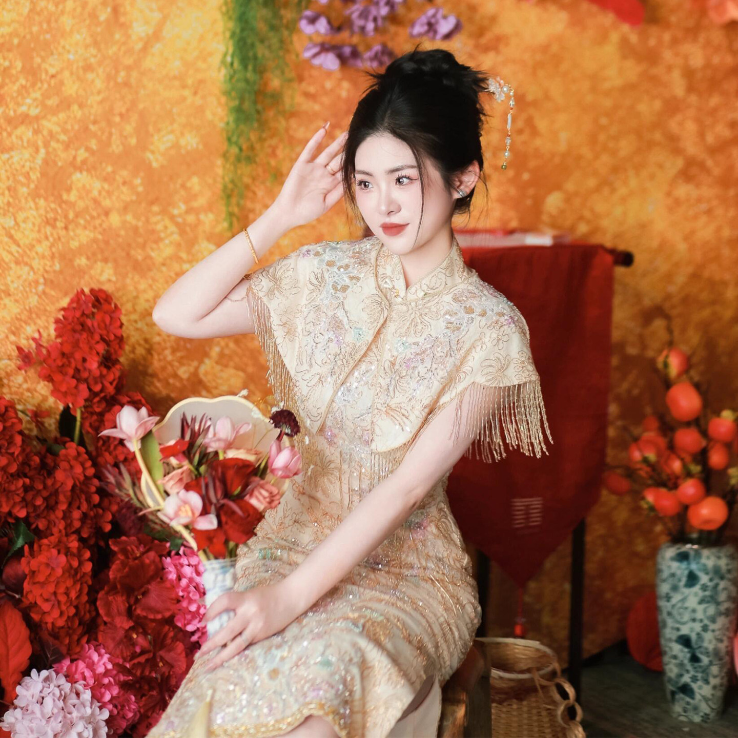 Новое платье для тостов cheongsam в китайском стиле, роскошное свадебное платье для помолвки с кисточками цвета шампанского, роскошное свадебное платье высокого класса