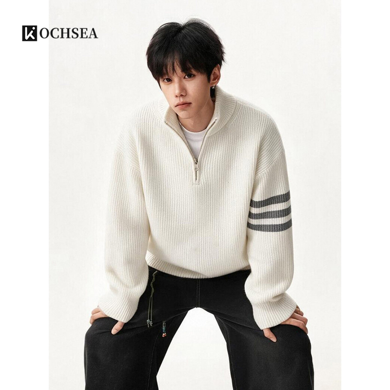 Japanese-Style Three-Stripe Half-Zip Sweater for Men 2026 New Casual Lazy Style Versatile Stand-Collar Knit Top