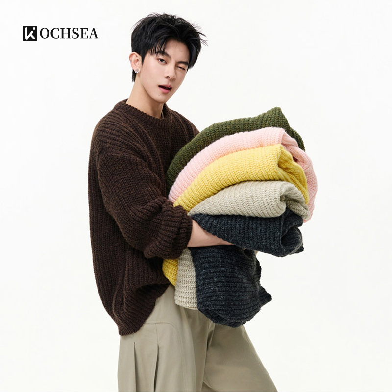 American-Style Heavyweight Thickened Brushed Crew Neck Sweater for Men, New Winter Vintage Lazy Style Versatile Knit Warm Inner Layer