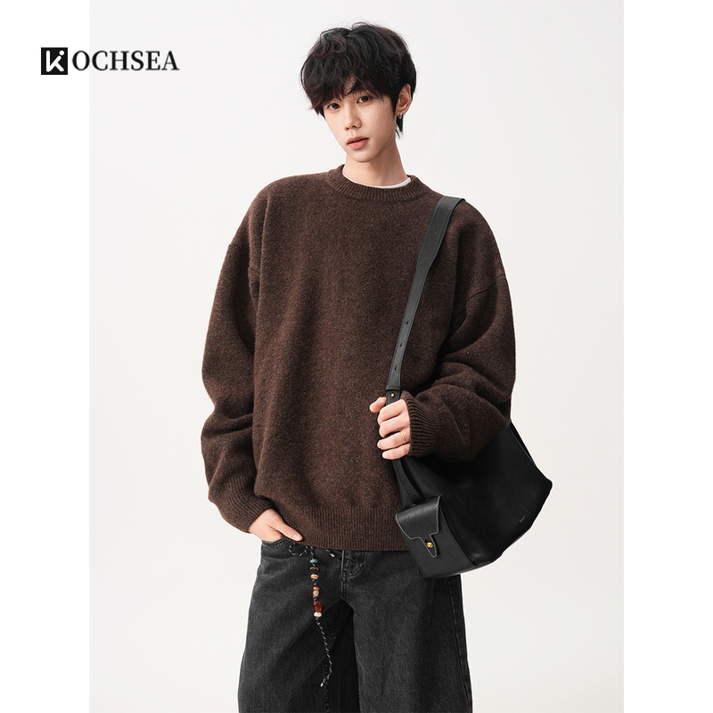 American Retro Coffee-Colored Crew Neck Sweater for Men, Autumn and Winter Solid Color Versatile Long-Sleeve Casual Lazy Pullover Knitwear