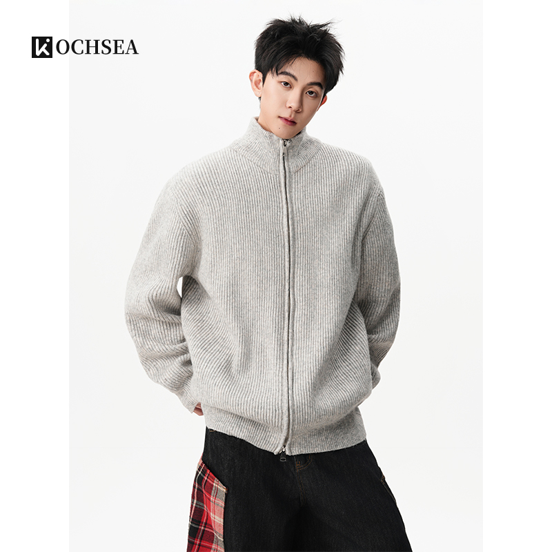 American-Style Heavyweight Thickened Stand-Collar Cardigan Knit Jacket for Men, Autumn and Winter Loose Fit, Versatile, Double Zipper Sweater Jacket