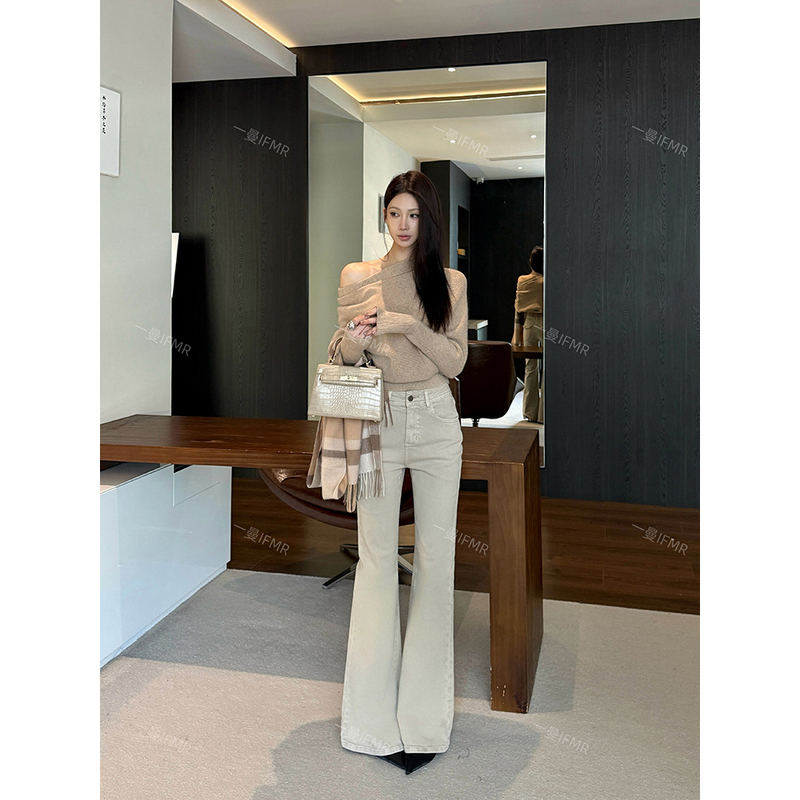 Yiman Ifmr Milk Tea Color Flared Jeans for Women, Summer Thin Style, 2026 New Model, Slim Fit Flared Long Pants
