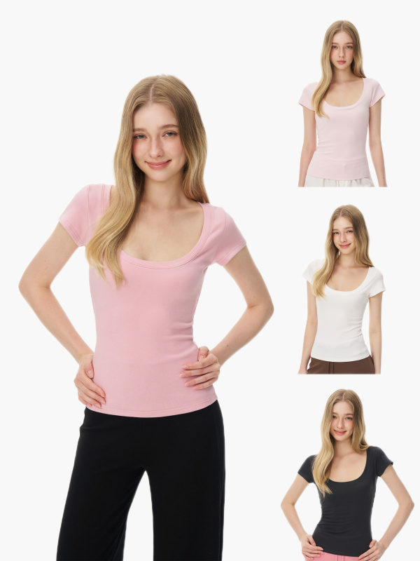 Cutie Fav Large U-Neck Elastic Slim Fit Top Short-Sleeved T-Shirt for Women 2026 New Style