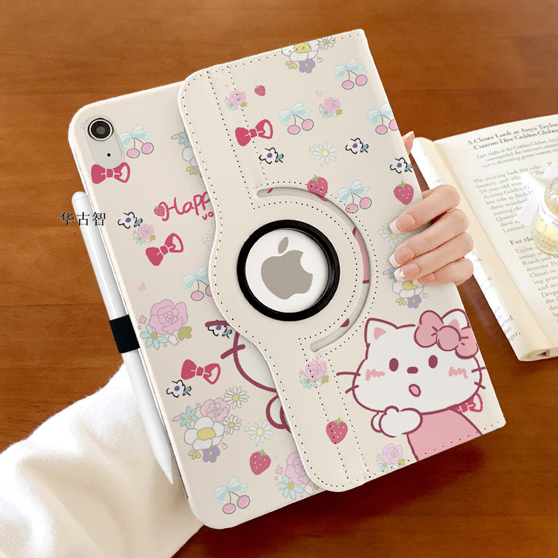 【360°回転レザーケース】iPad 11、Air 6/7、Mini 4/5、ペンスロットなし、第10世代、第9世代、Pro 13インチ、花と猫のパターン、12.9インチタブレットケース、2025年モデルに対応