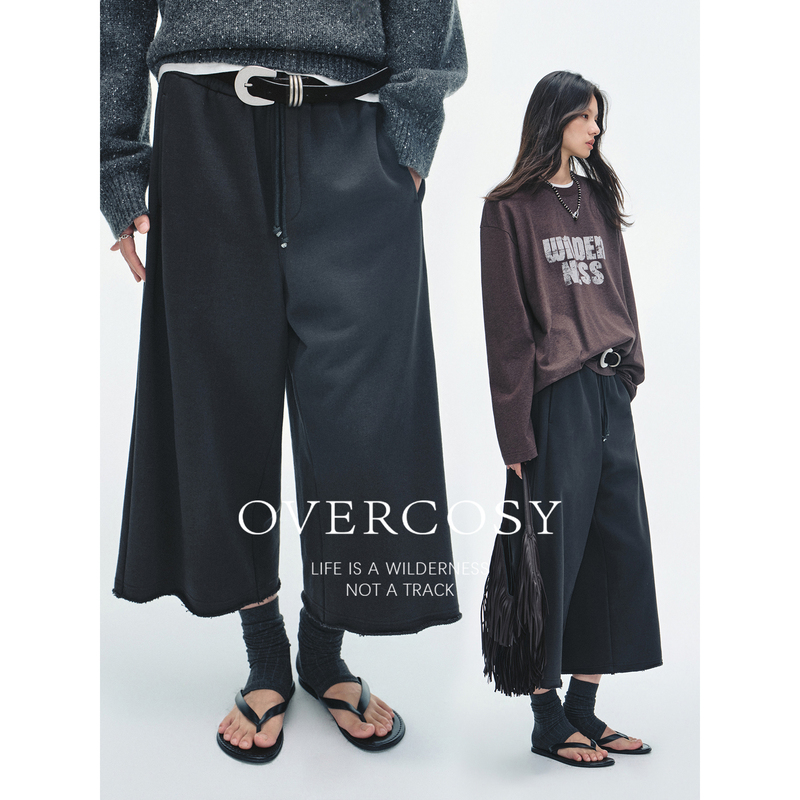 Overcosy Extremely Comfortable/100% Cotton Casual Style Elastic Waist Eight-Point Knit Wide-Leg Sweatpants for Men and Women in Autumn