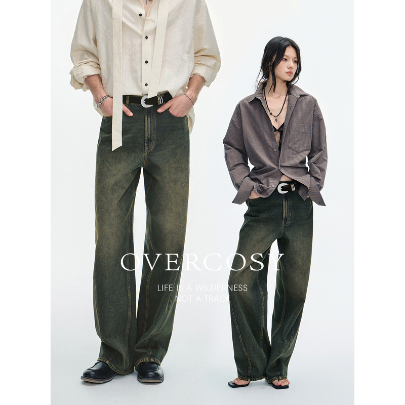 Overcosy Extremely Comfortable/100% Cotton Vintage Slub Style Distressed Washed Denim Pants for Men and Women in Autumn