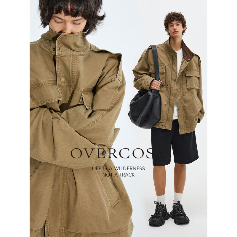 Overcosy Extremely Comfortable/Pure Cotton Stand-Up Collar Workwear Style Distressed Drop-Shoulder Loose Jacket for Men and Women in Spring