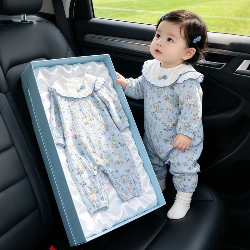 French Badnut Baby Girl Jumpsuit Spring and Autumn Long-Sleeved Ruffled Pure Cotton Romper Infant Outdoor Crawling Suit Summer