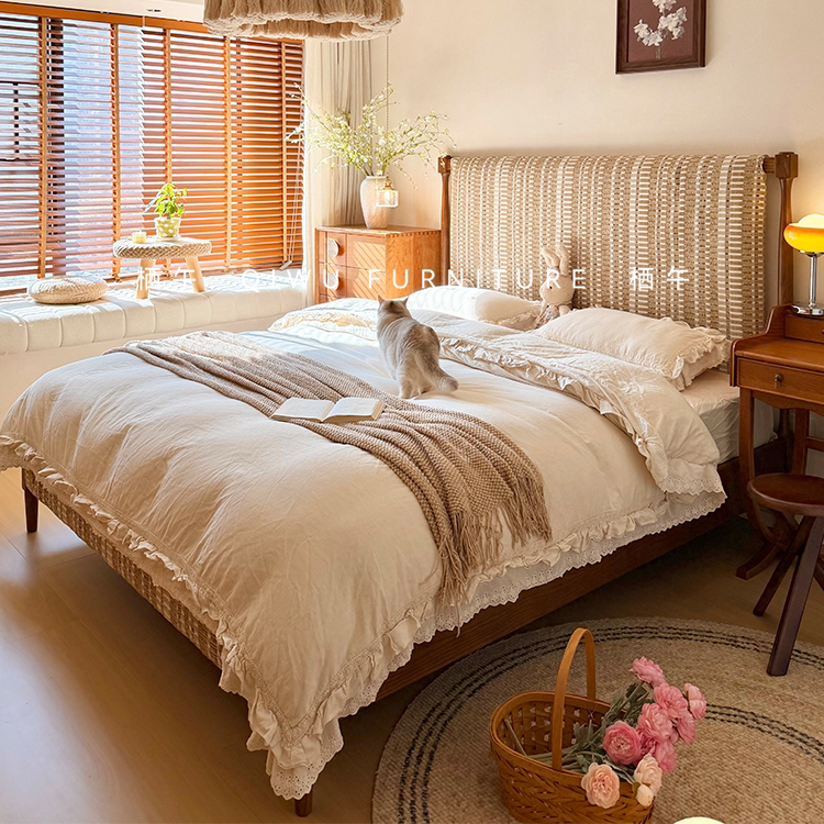 Qiwuxi'An Bed with Leather and Fabric Combination, Detachable, French Mid-Century Light Luxury, Vintage Solid Wood Fabric Bedroom Large Bed Qiwuxi'An Bed with Leather and Fabric Combination, Detachable, French Mid-Century Light Luxury, Vintage Solid Wood Fabric Bedroom Large Bed