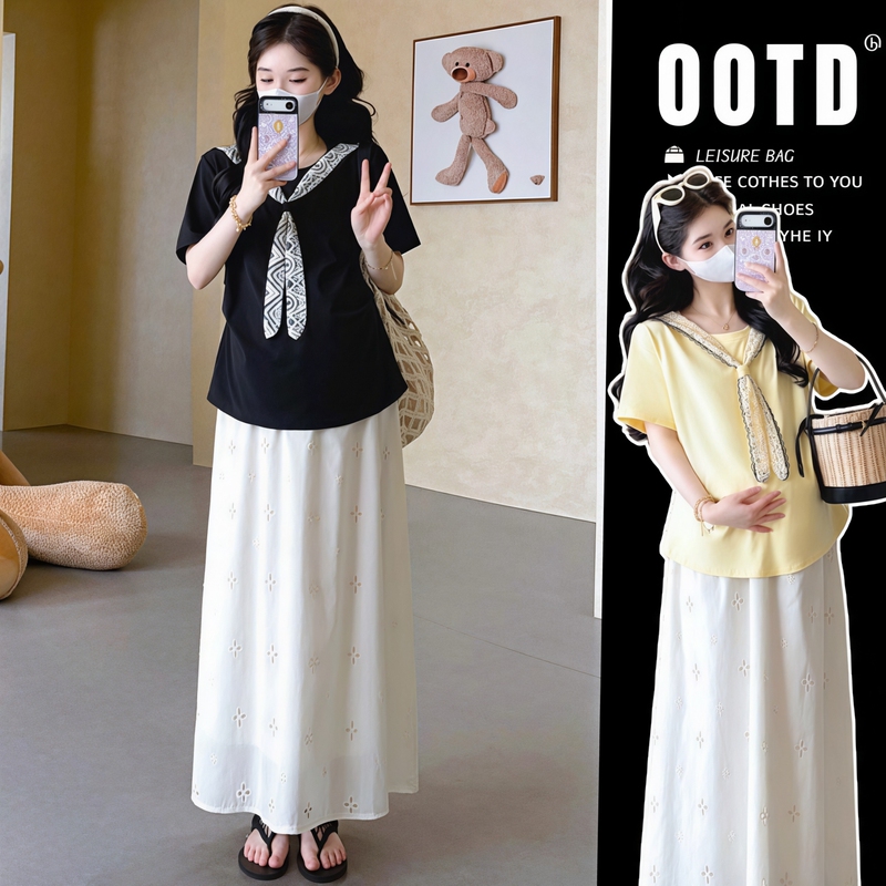 Maternity Wear "Manfeng Old Chapter" Korean Style Lace Scarf Short-Sleeved T-Shirt for Women Summer Stylish Loose Top Set