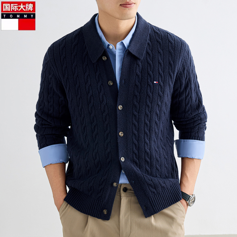 Tommy Men's Sweater Coat Old Money Style Cable Knit Wool Cardigan with Turn-Down Collar and Buttons Thick Top Tommy Men's Sweater Coat Old Money Style Cable Knit Wool Cardigan with Turn-Down Collar and Buttons Thick Top