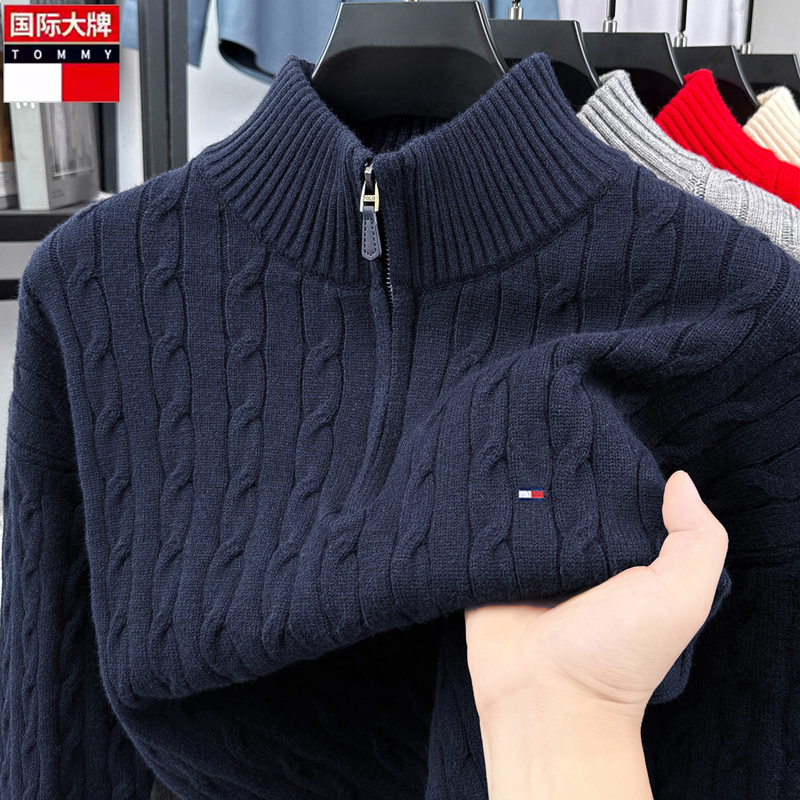 Tommy Men's Sweater Old Money Style Cable Knit Half-Zip Stand Collar Autumn and Winter Thick Knit Base Layer Sweater