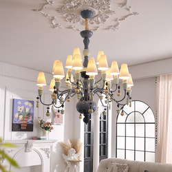Jiarongju French-Style Vintage Ceramic Art Multi-Head Candle Chandelier, Main Light for Villa Duplex Living Room Soft Decoration