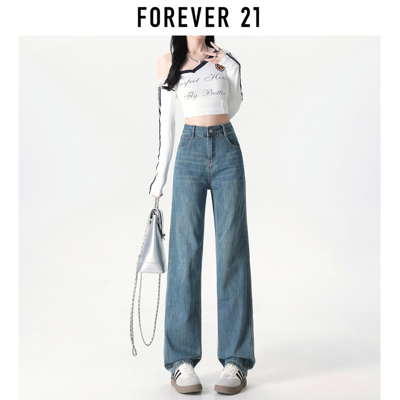 Forever 21 Retro Blue Narrow Wide-Leg Jeans for Women, Spring 2026 New Style, Petite Slimming Straight-Leg Pants