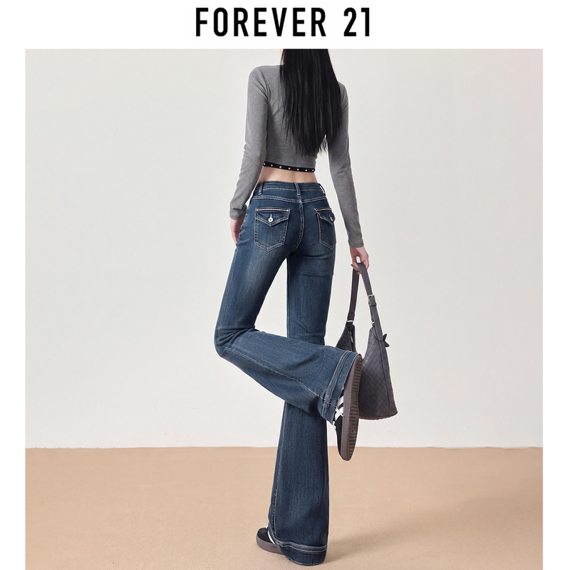 Forever 21 Dark Blue Low-Waist Slightly Flared Jeans for Women 2026 Autum New Slim Fit Stretchy Horse Hoof Pants