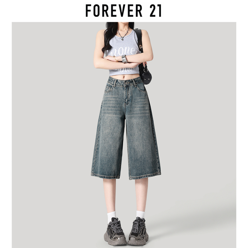 Forever 21 Retro Blue Wide-Leg Cropped Jeans for Women 2026 New American Style Loose Drape Straight Mid-Length Pants