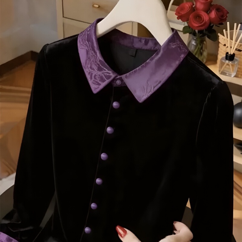 Suding Women's Original Brand official store 2026 Autumn New Fashion Light Luxury Elegant Color-Block Lapel Blouse for Women