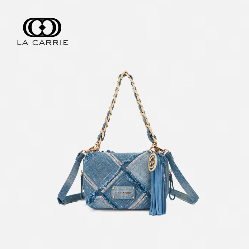 La Carrie, an international accessible luxury brand, offers a trendy small square denim retro shoulder/crossbody/handbag.