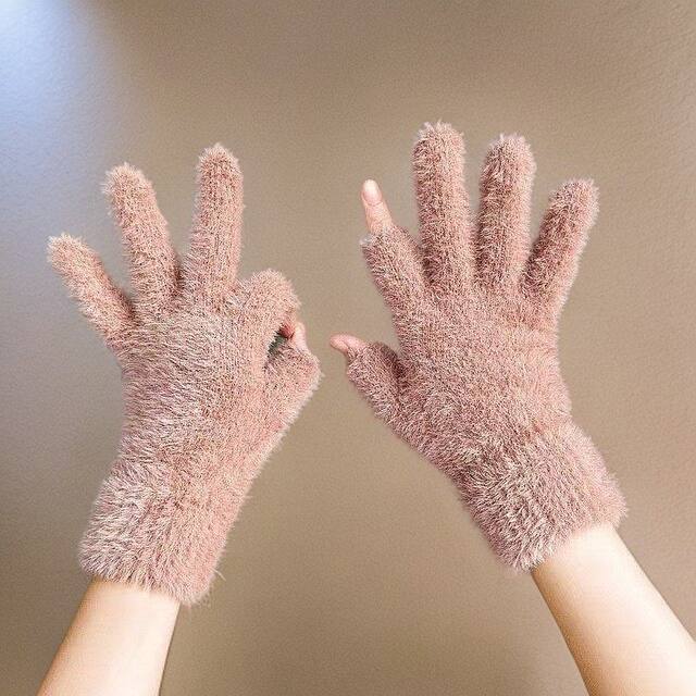 Exposed two-finger cycling gloves to keep warm in winter, touch-screen Korean version plush, cold-proof and leaky finger-protecting cycling and office writing artifact