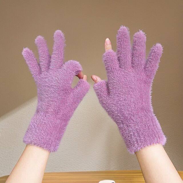 Exposed two-finger cycling gloves to keep warm in winter, touch-screen Korean version plush, cold-proof and leaky finger-protecting cycling and office writing artifact