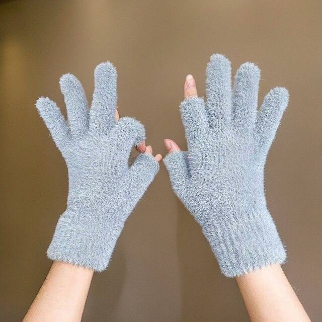 Exposed two-finger cycling gloves to keep warm in winter, touch-screen Korean version plush, cold-proof and leaky finger-protecting cycling and office writing artifact