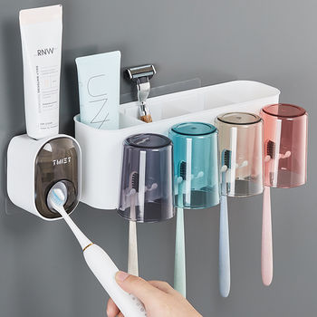 Toothbrush Holder, No-Drill Bathroom Cup Holder, Toothbrush Rack, Wall-Mounted, Family Toothbrush and Toothpaste Set