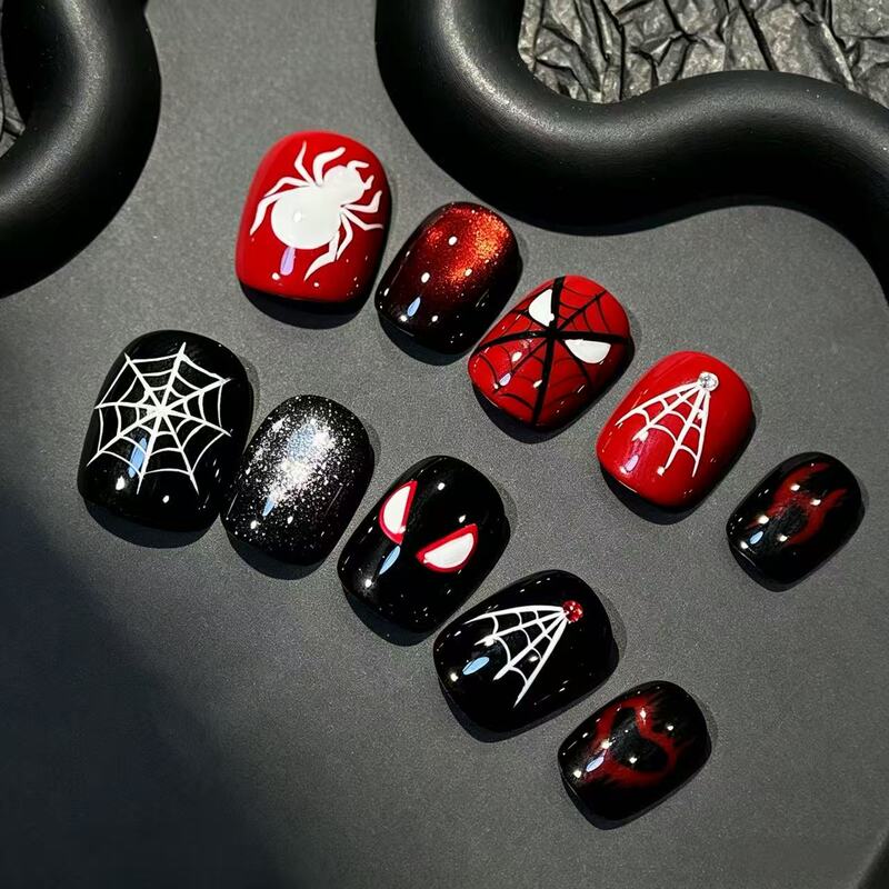 Spider-Man Wears Armor, Red and Black Short Square Round Marvel Cartoon Nail Art, Hand-Painted, Brightening, Unisex, Dark Style