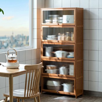 Kitchen storage rack floor-standing multi-layer storage rack with doors, bowls, cupboards, pots, bowls, storage cabinets, microwave oven rack solid wood