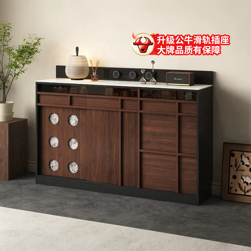 Vintage-Style Sideboard with Stone Top, Sliding Rail Sockets, Deepened Drawers, Enlarged Storage Cabinet, Adjustable Shelves, Wood Finish Vintage-Style Sideboard with Stone Top, Sliding Rail Sockets, Deepened Drawers, Enlarged Storage Cabinet, Adjustable Shelves, Wood Finish