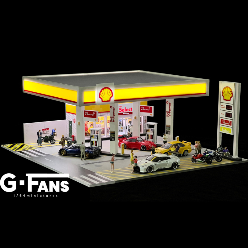 In-Stock G-Fans 1:64 Shell Gas Station Car Building Scene Model Storage Garage 710035
