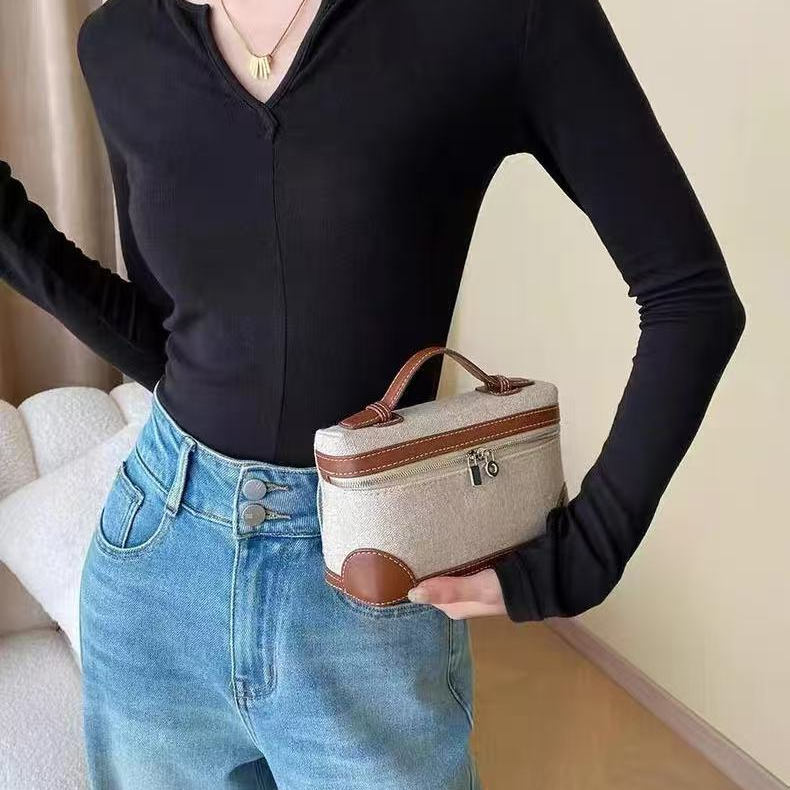 Lp19 Lunch Box Bag Retro Patchwork Canvas Bag 2025 New Small Square Bag Leather Shoulder Bag Crossbody Box Bag