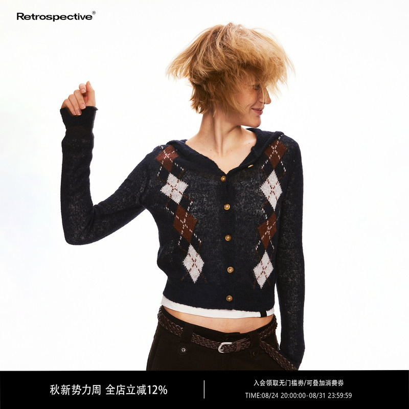 Rpt (Retropective) Retro Diamond-Patterned Wool Imitation Mohair Color-Blocked Short Hooded Knit Cardigan