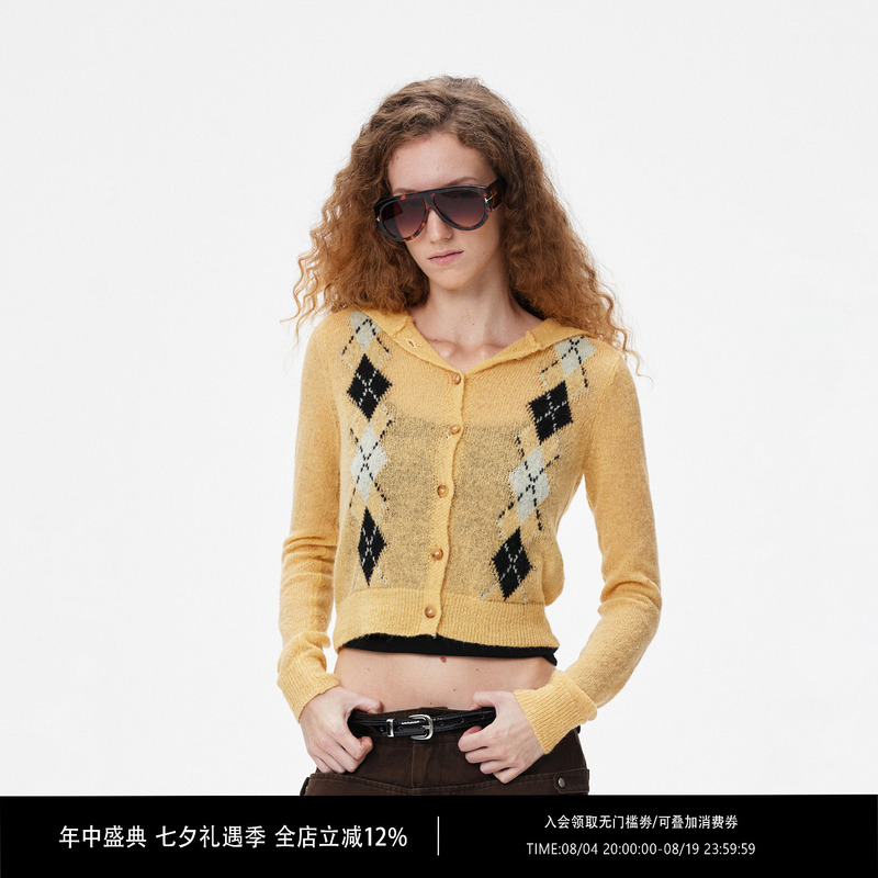 Rpt Retro Lazy Style Diamond Pattern Hollow Wool Blend Faux Mohair Knit Color-Block Short Hooded Cardigan for Women