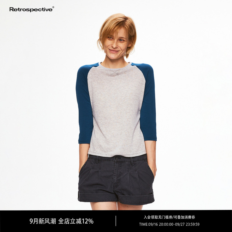 Rpt (Retropective) 70% Lyocell Contrast Color Raglan Sleeve Three-Quarter Sleeve Snowflake Texture Short Top