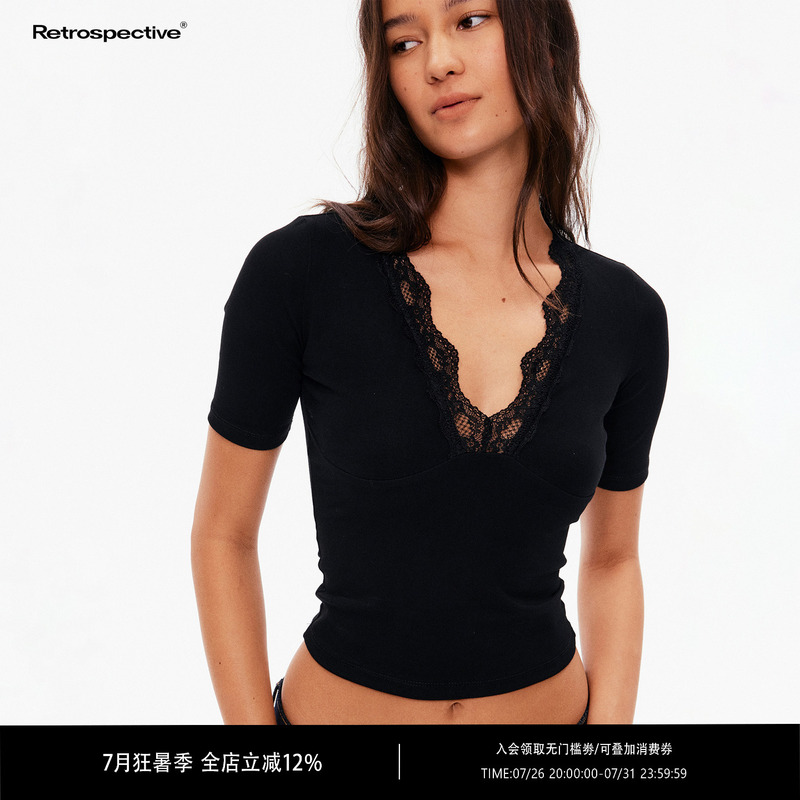 Rpt Black/White Two-Tone Lace Patchwork Deep V-Neck Short-Sleeve Slim-Fit Stretchy Versatile Short Base Shirt Rpt Black/White Two-Tone Lace Patchwork Deep V-Neck Short-Sleeve Slim-Fit Stretchy Versatile Short Base Shirt