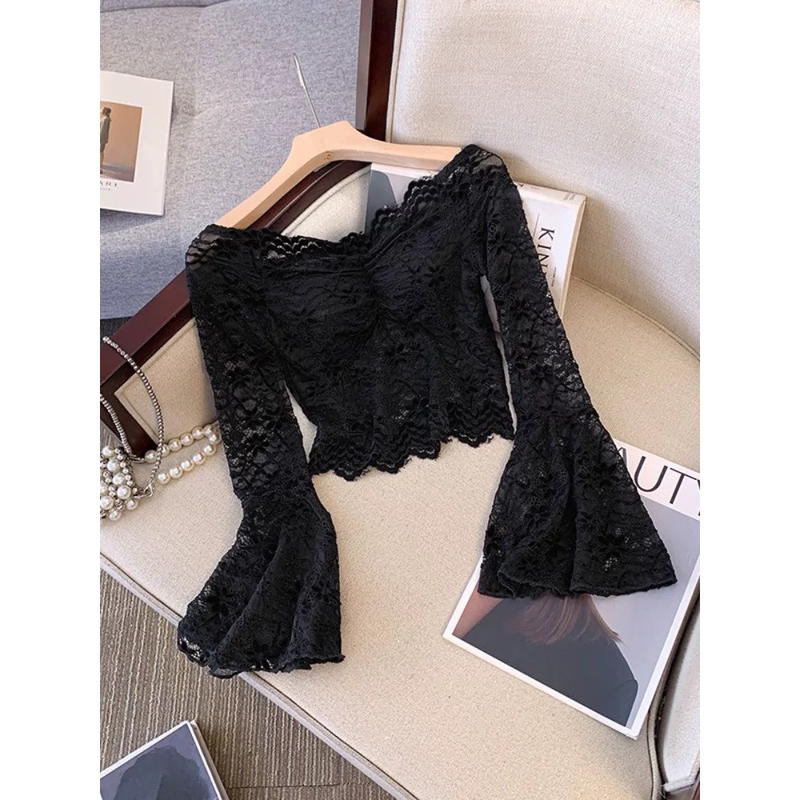 Black Off-Shoulder Long-Sleeve Lace Patchwork One-Shoulder Shirt for Women, Autumn Slim-Fit T-Shirt, Pure Desire Spicy Girl Top Black Off-Shoulder Long-Sleeve Lace Patchwork One-Shoulder Shirt for Women, Autumn Slim-Fit T-Shirt, Pure Desire Spicy Girl Top