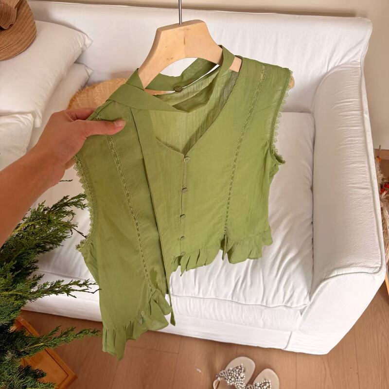 Xiao Qi's A1077 - New Summer Korean-Style Sleeveless Cotton Shirt for Women, Fashionable and Versatile, Green Slim-Fit Top