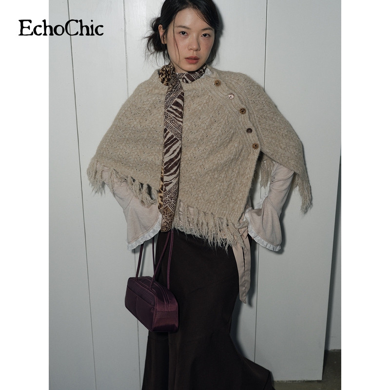 Echochic'Hazy Smoke Color' Crochet Pattern Fringe Hem Knitted Shawl Cape
