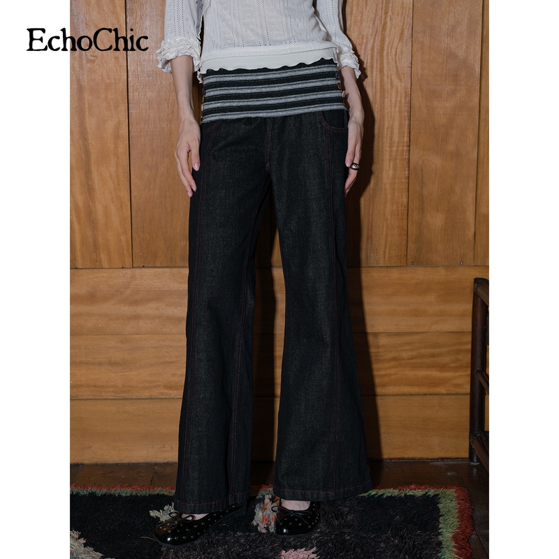 Echochic "Alley End Image" Classic Flared Pants, Washed Denim Fabric, Striped Vintage Exquisite Pants