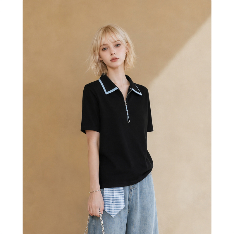 Vvina Black Lapel Half-Zip Short-Sleeved T-Shirt for Women 2026 Summer New Design Contrasting Color Polo Shirt Top Vvina Black Lapel Half-Zip Short-Sleeved T-Shirt for Women 2026 Summer New Design Contrasting Color Polo Shirt Top