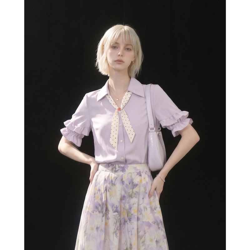 French-Style Purple Polo Collar Short-Sleeve Shirt for Women, 2026 Summer New Style, Silk Scarf Ruffle Edge Shirt, V-Neck Regular Shoulder Top French-Style Purple Polo Collar Short-Sleeve Shirt for Women, 2026 Summer New Style, Silk Scarf Ruffle Edge Shirt, V-Neck Regular Shoulder Top