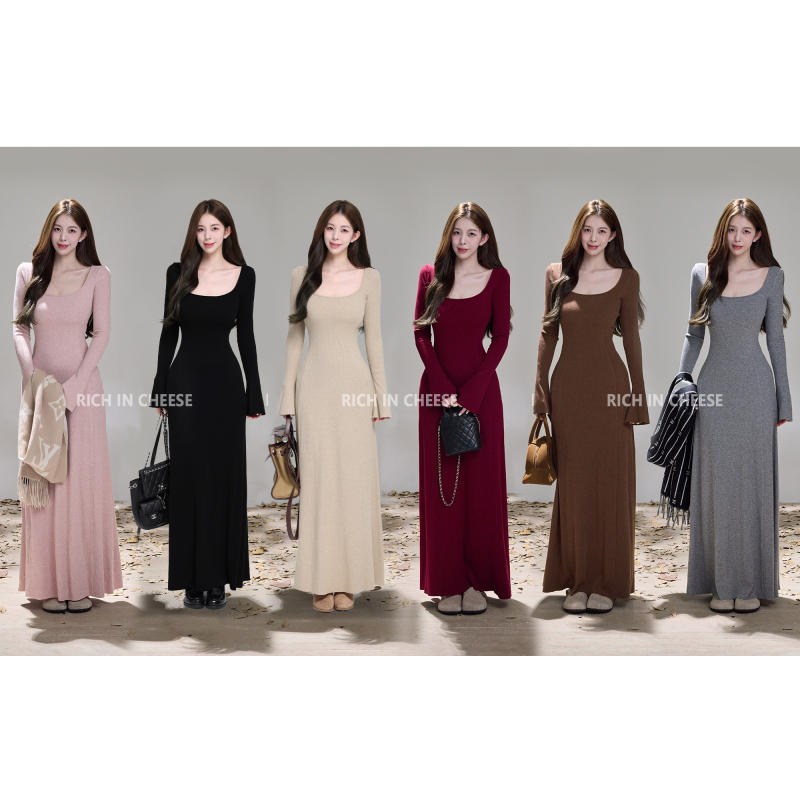 Shuhule Tea-Scented Croissant [Square Neck Long Dress Version] Long-Sleeved Knitted Dress for Women, Waist-Cinching and Slimming Inner Dress