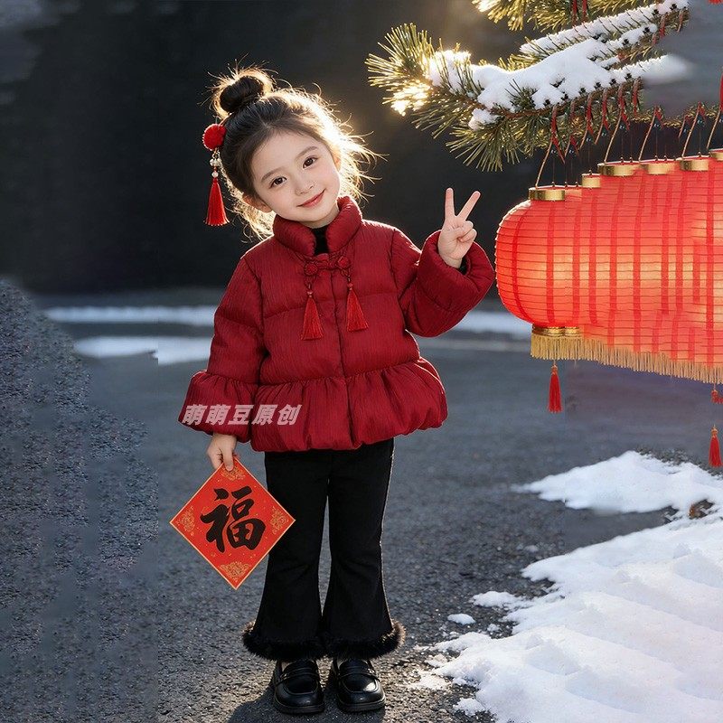 Женское сокровище, зимний утолщенный красный праздничный хлопчатобумажный костюм, новинка 2026 года, детский костюм в западном стиле плюс бархатные расклешенные брюки, новогодняя одежда