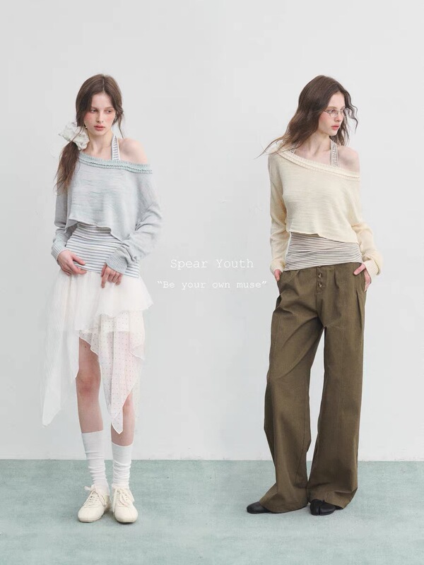 Spear Youth "Floating Clouds Weaving Dreams" Tencel Wool Patchwork Two-Piece Set with a One-Line Neckline Striped Knit Sweater
